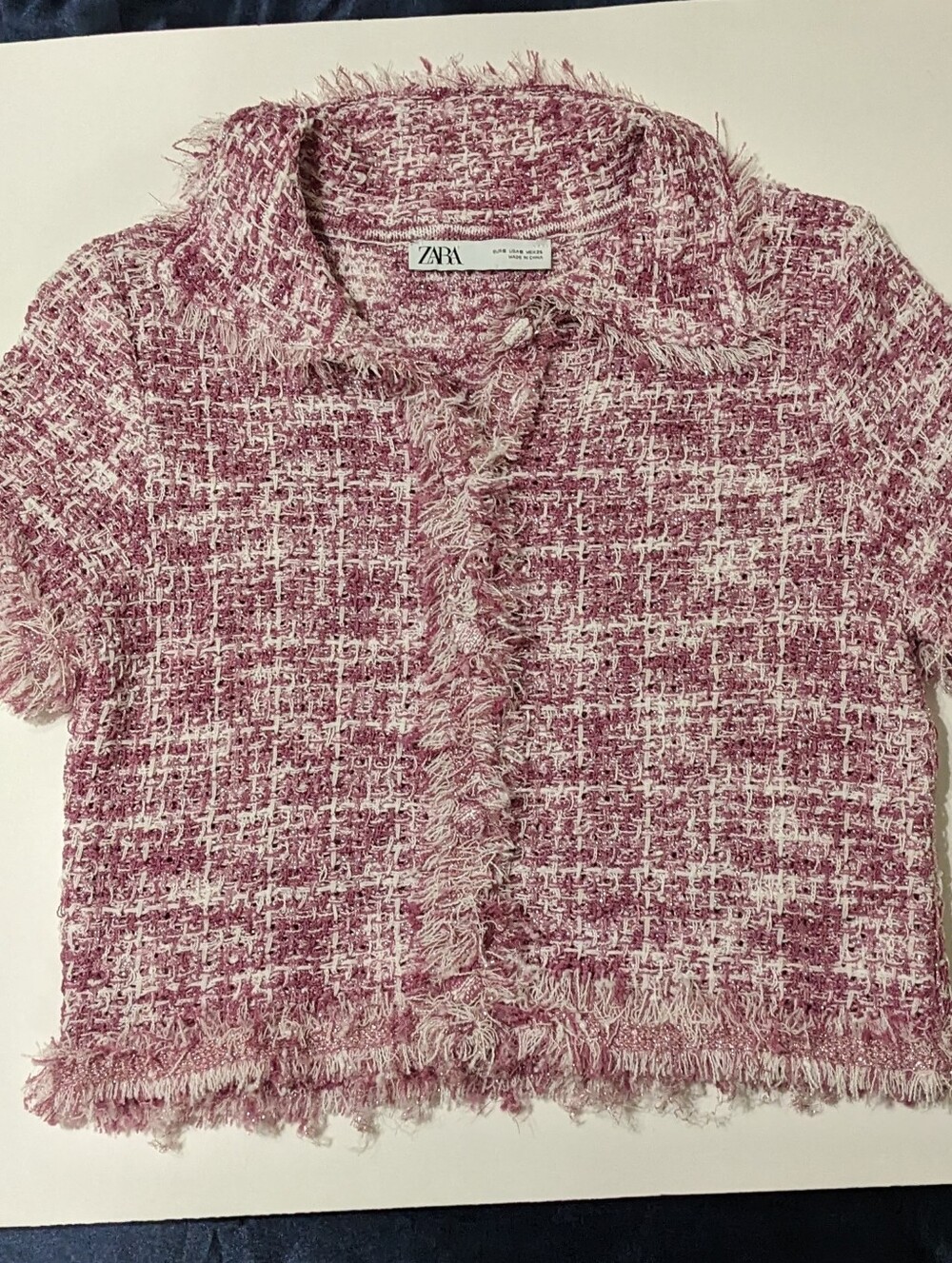 Zara Pink & White Tweed Short-Sleeve Jacket Top
